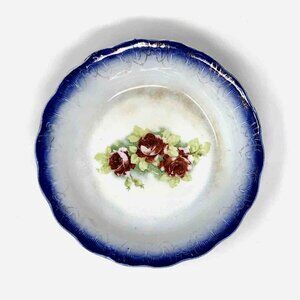 Antique Flow Blue Porcelain Bowl With Transferware Flower Design